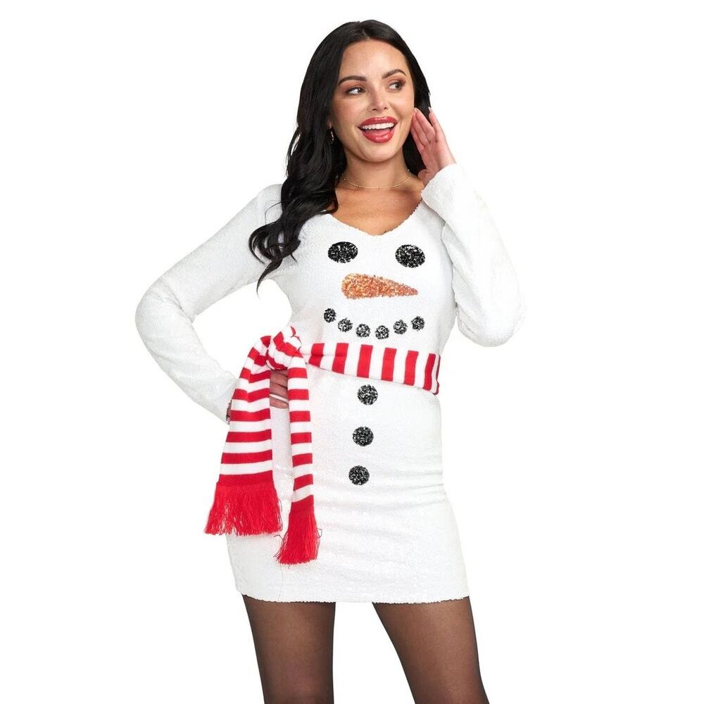 NEW Tipsy Elves Snowman Christmas Scarf Sequin Dress Holiday Party Cocktail SM